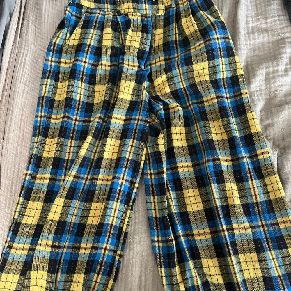 Dressed in LALA Yellow and Blue Flannel Plaid Wide Leg Pants - Picture 3 of 4